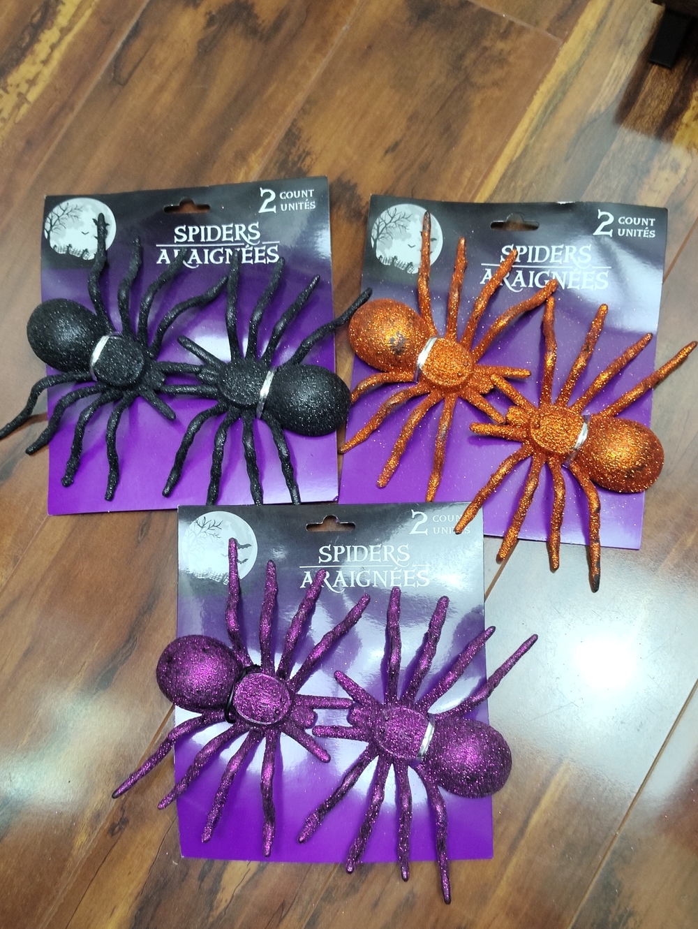 New 3 Set Of Two Glitter Halloween Spider Decorations - Black, Orange, Purple